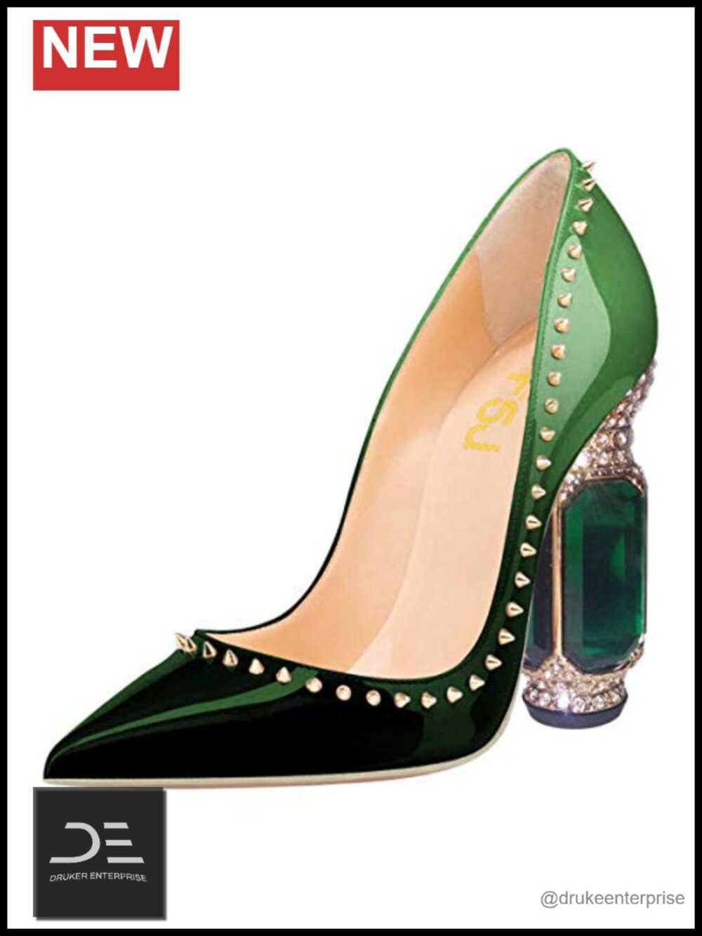 Women's Pointed Toe Chunky Heel Crystal Pumps Slip On Evening Wedding Shoes